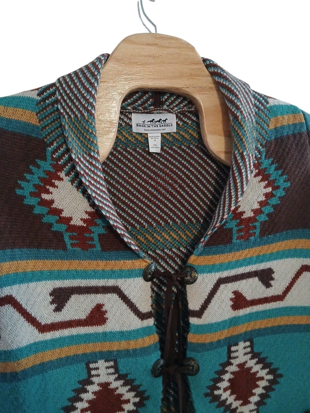 Back In The Saddle Cable Shawl-Collar Aztec Knit Cardigan - Teal/Brown Small